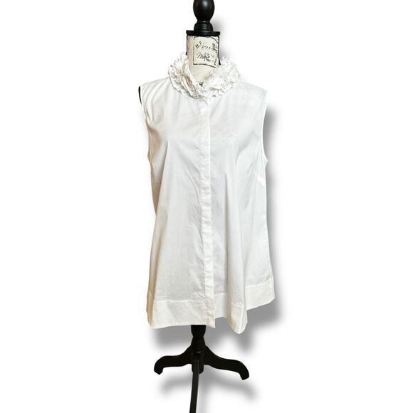 Black Label Chico's White Frilly Ruffle Neck Button Down Sleeveless Tunic Large - Picture 1 of 7